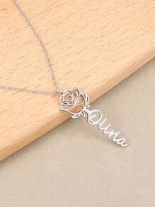 1PC Rose English Name Pendant Customized Text European And American Fashion Women's Stainless Steel Necklace And Earring 18k Gold Plated Stainless Steel Rose, Valentine's Day Gift,Chic Autumn,Jewelry & Watches,Customized Fashion Engraved Necklaces