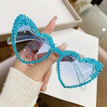 新款欧美女士心形手工装饰水钻眼镜；旅行沙滩必备配饰，女士眼镜時尚眼鏡，情人节夏季海滩度假、户外活动、旅行 - 彩色 - 查看 11