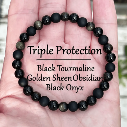 1pc Triple Protection Bracelet - Black Beryl, Golden Black Obsidian, Black Agate, Crystal Bracelet For Emotional Stability And Balance