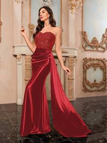 MASFEARS Off-Shoulder Slit Sleeveless Elegant Formal Evening Gown - Red - View 4
