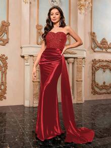MASFEARS Off-Shoulder Slit Sleeveless Elegant Formal Evening Gown - Red - View 3
