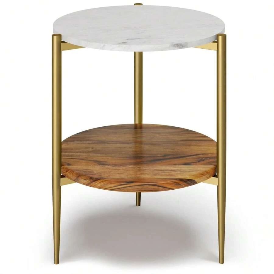 Simpli Home Wagner Round Marble And Wood Side Table - 彩色 - 查看 1