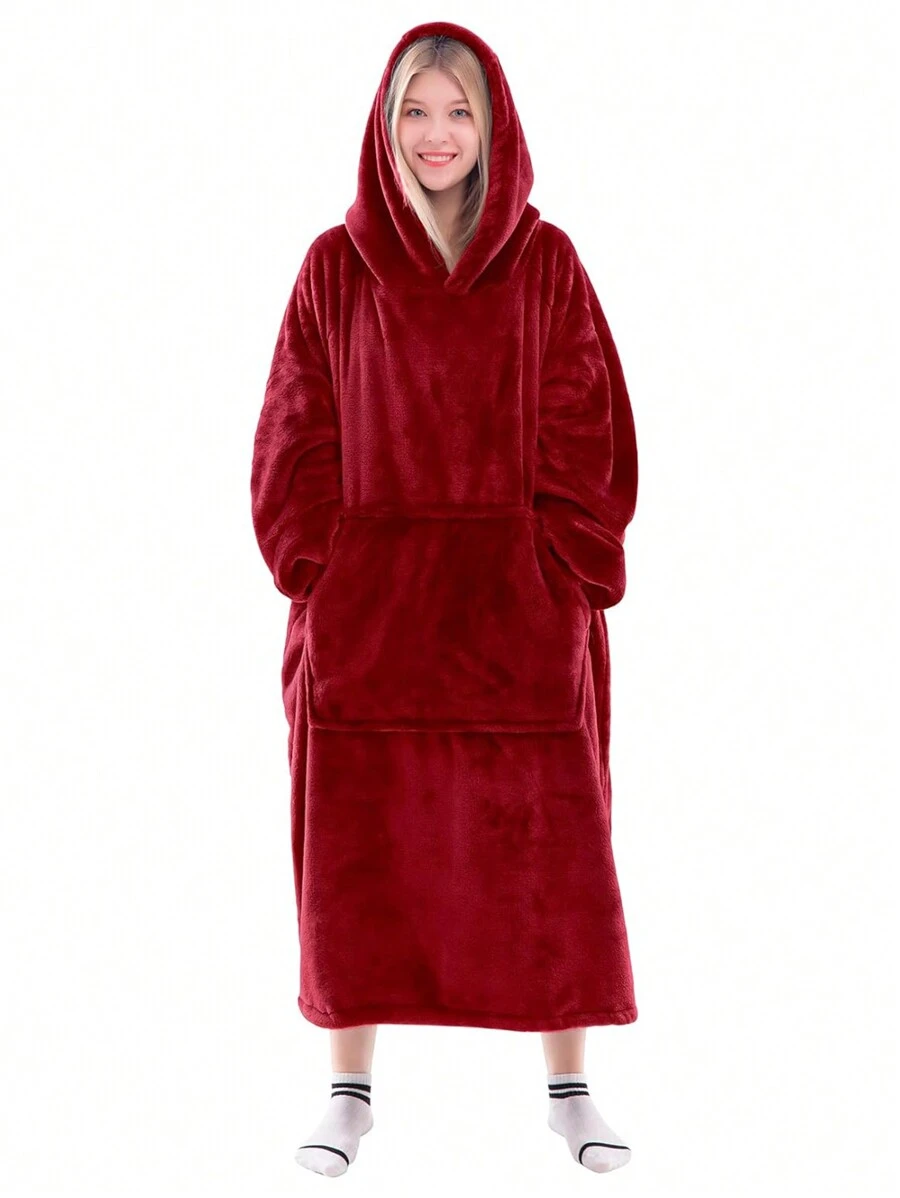 1 Pcs Wearable Blanket Sweatshirt Gifts For Women And Men, Warm And Cozy Giant Blanket Hoodie, Thick Flannel Blanket With Sleeves And Giant Pocket - 紅色 - 查看 1