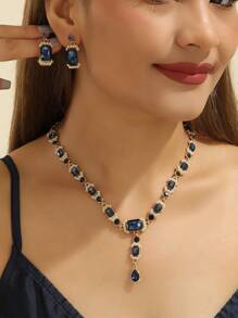 3 piezas/set Pendientes de cubo de vidrio azul marino y collar Elegante Set de joyas para mujeres - Multicolor - Ver 1
