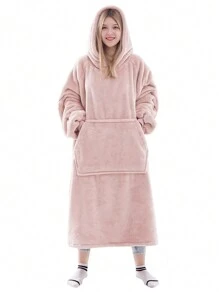 1 Pcs Wearable Blanket Sweatshirt Gifts For Women And Men, Warm And Cozy Giant Blanket Hoodie, Thick Flannel Blanket With Sleeves And Giant Pocket - 粉色 - 查看 1