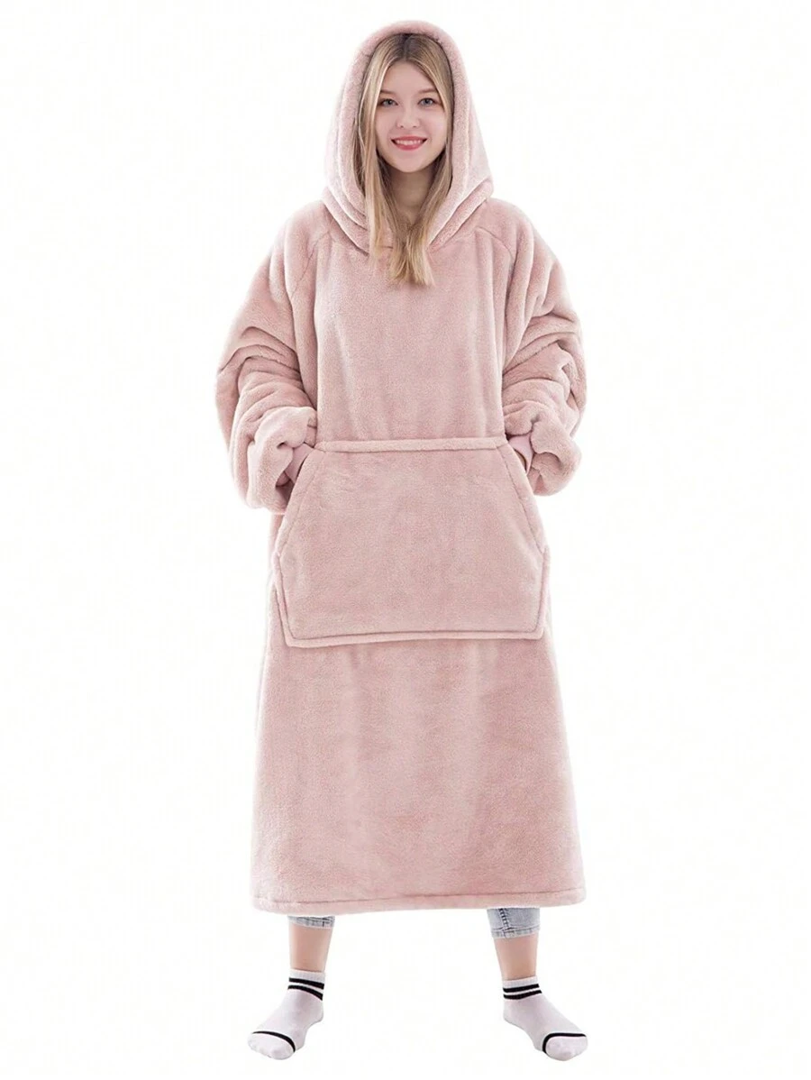 1 Pcs Wearable Blanket Sweatshirt Gifts For Women And Men, Warm And Cozy Giant Blanket Hoodie, Thick Flannel Blanket With Sleeves And Giant Pocket - 粉色 - 查看 1