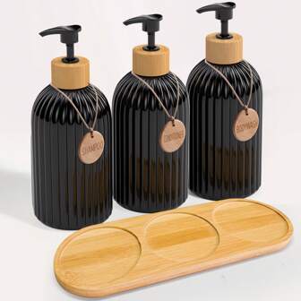 3 piezas Dispensador de jabón negro de 500ml con etiqueta, dispensador de loción con gráfico de letra, botellas dispensadoras de jabón de ducha vacías con bomba para champú, gel de baño, acondicionador, suministros de baño, organizadores y almacenamiento de baño, decoración del hogar, muebles para el hogar, decoración de otoño para el hogar, de vuelta a la escuela