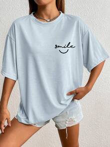 Women's Letter Print Drop Shoulder T-Shirt - Màu xanh nhạt - Xem 4
