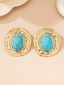 1 对几何纹理椭圆形镶嵌椭圆形珍珠吊坠复古优雅耳环女士 - 藍色 - 查看 5