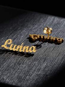 1 Pair Customizable English Letter Pattern Engraved Earrings, Personalized Stainless Steel Earrings Suitable For Men And Women, Custom Earring Gift - Gold - View 3