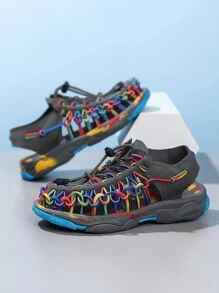 1pair Boys' Summer Sports Sandals, Slip-Resistant And Durable Children's Sandals, Fashionable Weaved Design Outdoor Beach Shoes, Kids' Footwear