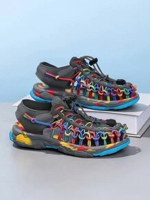 1pair Boys' Summer Sports Sandals, Slip-Resistant And Durable Children's Sandals, Fashionable Weaved Design Outdoor Beach Shoes, Kids' Footwear
