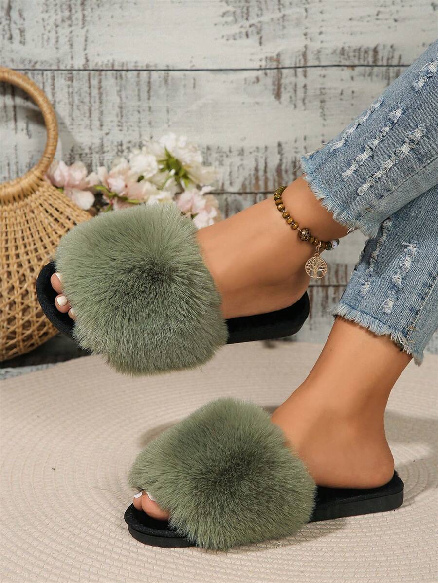 Dép đi trong nhà mùa hè cho nữ, dép đế bằng lông kiểu mới với họa tiết lông cá nhân hóa phiên bản Hàn Quốc, hở ngón, thích hợp cho hoạt động ngoài trời - màu xanh lá - Xem 1
