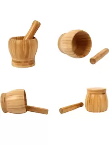 Mortar And Pestle Set Guacamole Bowl Shell Garlic Pepper Press Grinder Crusher Mix (Bamboo)