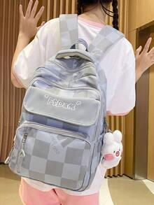 Mochila escolar a cuadros para chicas de secundaria y preparatoria, incluye accesorios - Azul - Ver 3