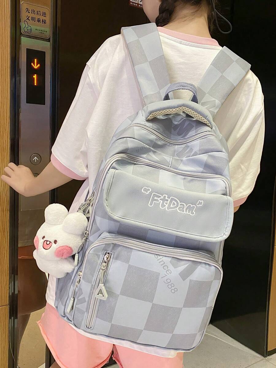 Mochila escolar a cuadros para chicas de secundaria y preparatoria, incluye accesorios - Azul - Ver 1