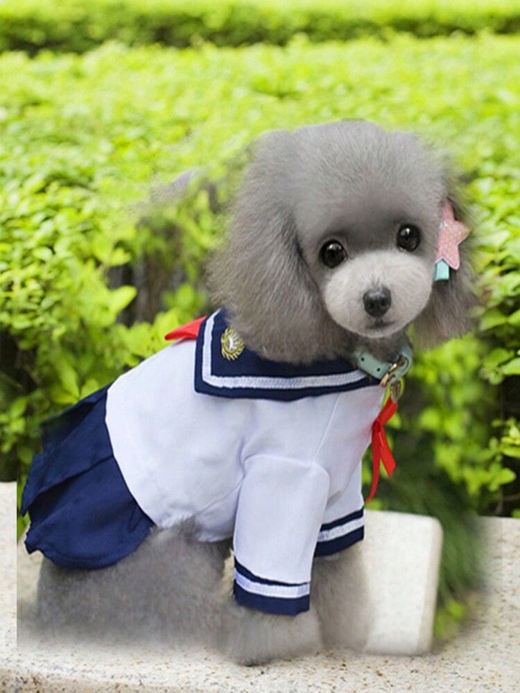 宠物学生风格休闲狗猫服装，宠物学校制服 - 白色 - 查看 4
