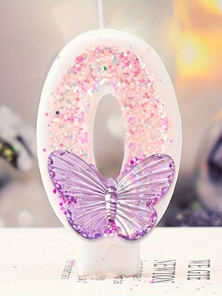 1 pieza Vela de cumpleaños con purpurina, retazos y diseño de mariposa y números, decoración para boda y fiesta - Rosa - Ver 1