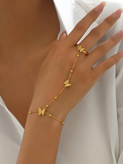 1 Stück modische matter Edelstahl Schmetterling verkettet Finger Kette Armband, elegantes französisches Stil Feier Geschenk für Frauen