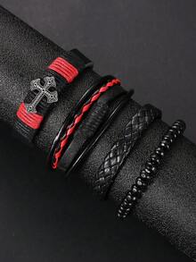 4 Cái/bộ Vòng tay đeo chéo bằng da nhiều lớp bện thủ công kiểu Retro dành cho nam - 4 chiếc màu đen - Xem 6