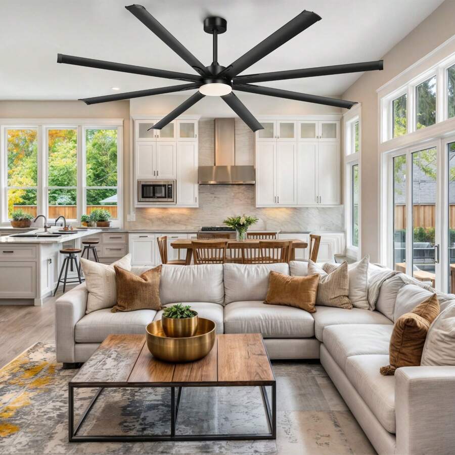 96 Inch Ceiling Fans With LED Light And Remote, Large Fan Light With 6 Speed And Reversible Quiet Motor For Home Livingroom Decor - Black - View 1