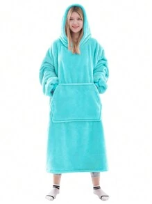 1 Pcs Wearable Blanket Sweatshirt Gifts For Women And Men, Warm And Cozy Giant Blanket Hoodie, Thick Flannel Blanket With Sleeves And Giant Pocket - 青色 - 查看 1