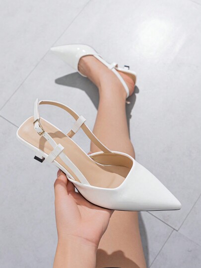 Fall/Winter 2025 Women's Solid Color Pointed Toe Closed Toe ,Match Any Dress,With Ankle Strap Kitten Heels Elegant & Comfortable Daily/Outdoor/Commute Wear Spring & Summer White PU High Heels,Elegant,Women Pumps,Elegant