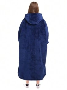 1 Pcs Sherpa Wearable Blanket Hoodie, Oversized Sherpa Fleece Sweatshirt Blanket With Giant Hood Pocket And Sleeves For Adult, Warm & Cozy Blanket Gifts For Women - 海軍 - 查看 2