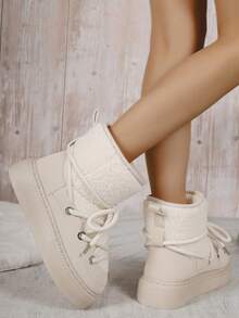 女式系带装饰保暖内衬厚底优雅休闲时尚踝靴，秋冬 - 米色 - 查看 5