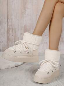 女式系带装饰保暖内衬厚底优雅休闲时尚踝靴，秋冬 - 米色 - 查看 3