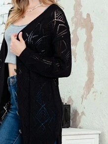 Boho Retro Cotton Mix Crochet Knit Hollow Light Weight Button Front Side Slit Long Cardigan - màu đen - Xem 3