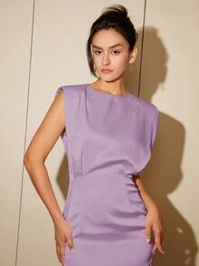 Summer Solid Color Lilac Short Dress, French Elegant Waist Gathered Round Neck Sleeveless Bodycon