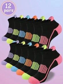 6/12 Pairs Women Multi-Color Breathable Stripe Sports Ankle Socks, Gym, Fall - Multicolor - View 1