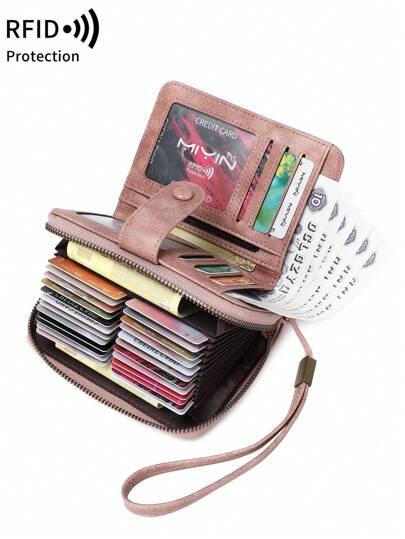 MIYIN RFID屏蔽短款钱包 - 大容量复古硬币带拉链和腕带 - 多卡槽信用卡包男女通用多功能拉链钱包卡夹镂空复古风格钱包卡夹礼物（粉色）腕带钱包女士防盗钱包钱包钱包RFID钱包
