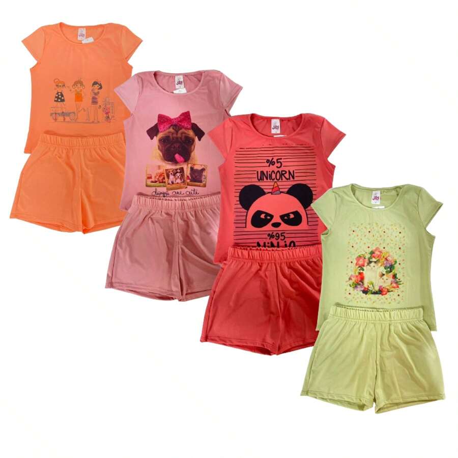 Kit 3 Children's Sets Short Sleeve Printed Blouse And Shorts 04 To 14 Assorted (3 Blouses + 3 Shorts) - Nhiều màu - Xem 1