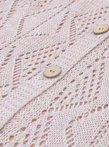 Boho Retro Cotton Mix Crochet Knit Hollow Light Weight Button Front Side Slit Long Cardigan - Khaki - View 3