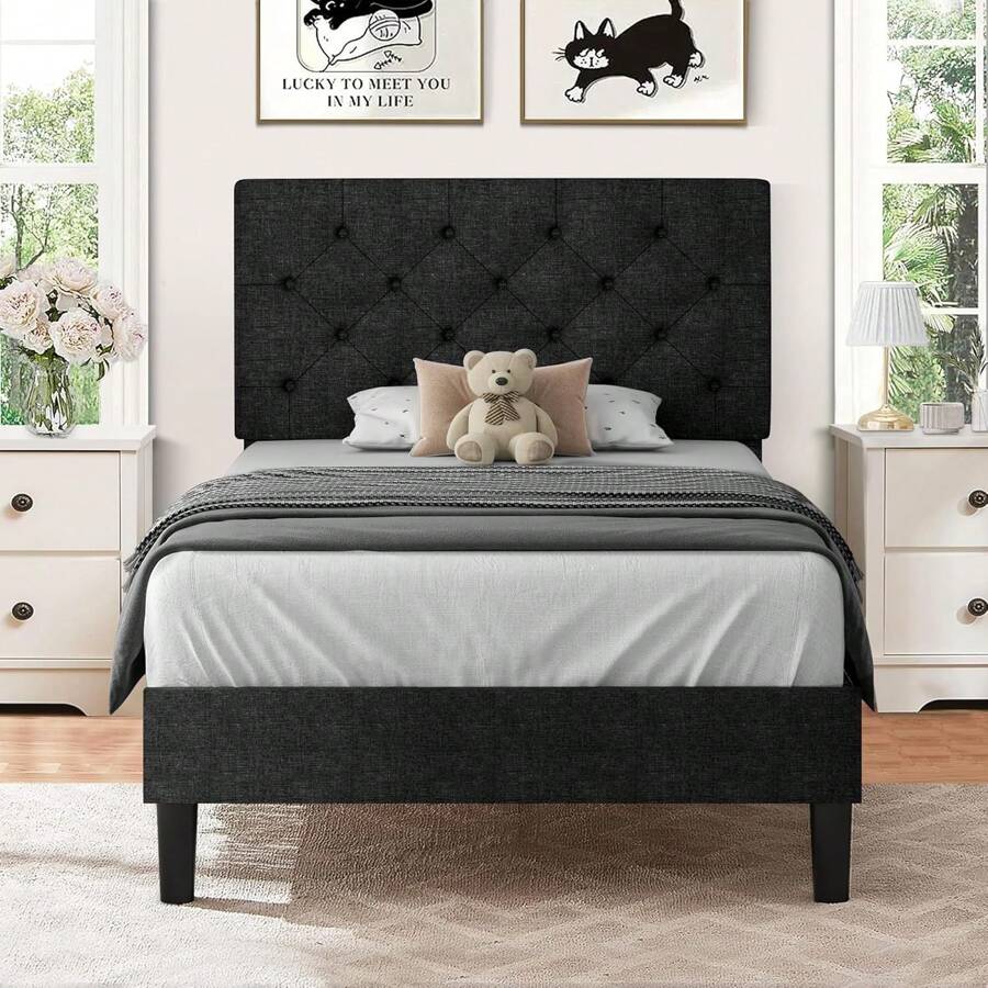 Upholstered  Bed Frame With Headboard, Linen Platform Bed  Frame With Wooden Slats Support,Twin/ Full/ Queen/ King,Pink/ White/ Blue/ Light Grey/ Dark Grey/ Black/ Cream - 深灰色 - 查看 1