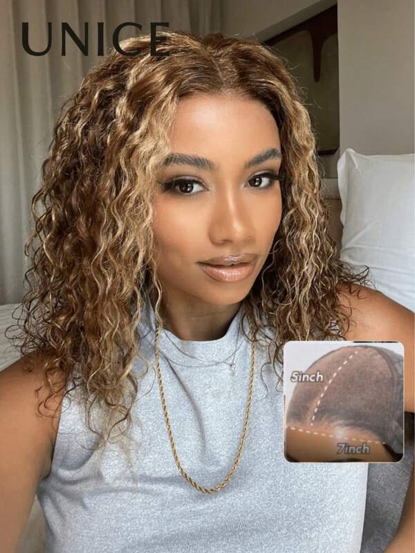 UNice Wigs Bye Bye Knots 7x5 Glueless Water Wave Short Bob Wig Honey Blonde Highlight Pre Bleached Pre Cut Pre Plucked Lace Closure Wig Human Hair Wig Ready To Wear Unice Hair