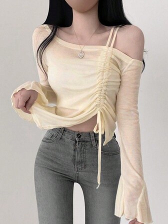 女士休闲纯色抽绳斜领喇叭袖长袖 T 恤