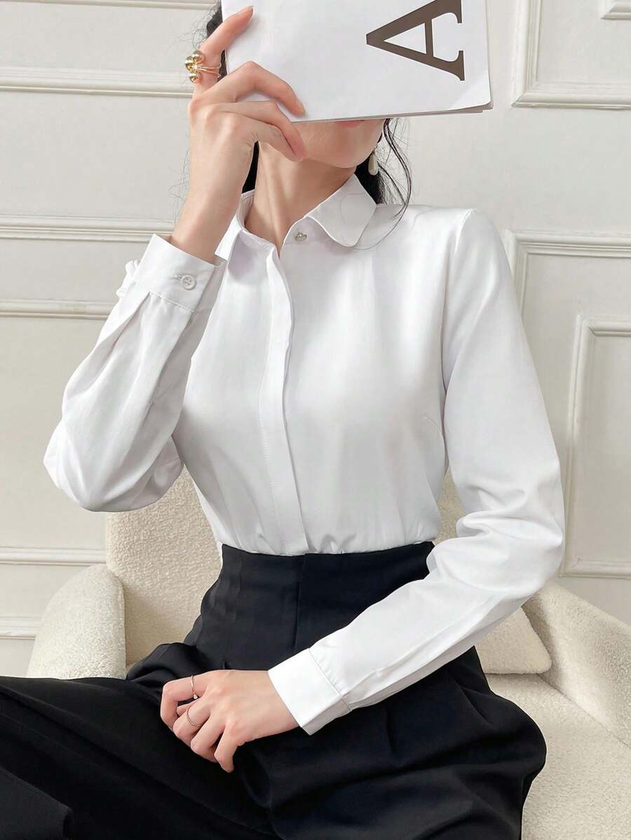 Women's Solid Color Long Sleeved Business Interview Commuting Casual Relaxed Feeling Simple Spring Summer Autumn Shirt - 白色 - 查看 1