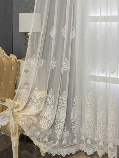 1pc European Style Floral Beaded Embroidered Curtains, White Color, Multi-Use For Bedroom/Living Room/Dining Room/Kitchen, Elegant & Lightweight, UV Protection