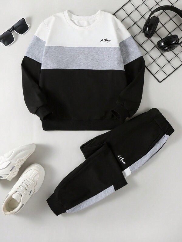 2 piezas Conjunto informal clásico y cómodo de sudadera de manga raglán y pantalón de chándal con panel de contraste para niños preadolescentes, primavera y otoño