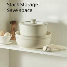 5/17 件可拆卸不粘锅和平底锅套装，带可拆卸手柄，可堆叠锅，适用于房车烹饪，非常适合露营，烤箱安全海鲜煮