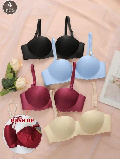 4 PIEZAS Ropa interior para mujer con sostén pequeño, sujetador sin costuras y sin cables, sujetador con aumento de pecho y sólido, lencería femenina cómoda y transpirable con hebilla trasera, sujetador de uso diario sencillo de unicolor con copa de palma suave y gruesa, ropa interior deportiva con cierre trasero y tirantes ajustables y desmontables, diseño sin tirantes y sin espalda para fiestas, bodas o vestidos