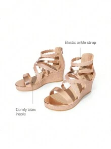 Girls Wedge Sandals Summer Flatform Open Toe Platform Sandals Cute Elegant For Big Kids And Teenager - 香檳金蔥 - 查看 6