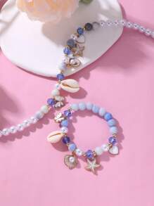 2 件套女孩海星贝壳蝴蝶珍珠串珠项链和手链套装
