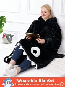 Shark Hoodie Blanket For Adult, Shark Wearable Blanket Hoodie Gifts For Women Men, Funny Blanket With Sleeves Is Funny Gift, Hooded Blanket Shark Gifts - 黑色 - 查看 3