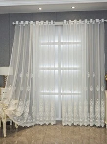 1pc European Style Floral Beaded Embroidered Curtains, White Color, Multi-Use For Bedroom/Living Room/Dining Room/Kitchen, Elegant & Lightweight, UV Protection