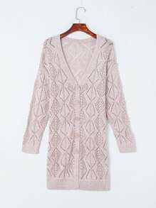 Boho Retro Cotton Mix Crochet Knit Hollow Light Weight Button Front Side Slit Long Cardigan - Khaki - View 5