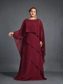 Faeriesty Mosy Round Neck Bat Wing Sleeves Layered A-Line Maxi Dress For Plus Size Bride Moms, Perfect For Wedding Mother Of The Bride, Formal Receptions, Church Ceremonies, Banquet Parties, And Family Gatherings. - Burgundy - View 6